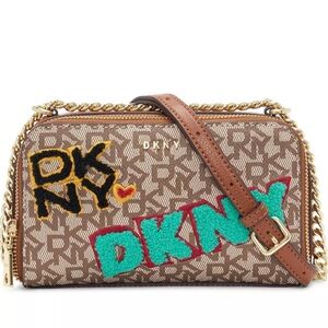 DKNY Gold and Brown Crossbody Bag with Chain Detailing